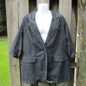 Lane Bryant Black Denim 1 Button Blazer Jacket 3/4 sleeve size 18 zipper detail